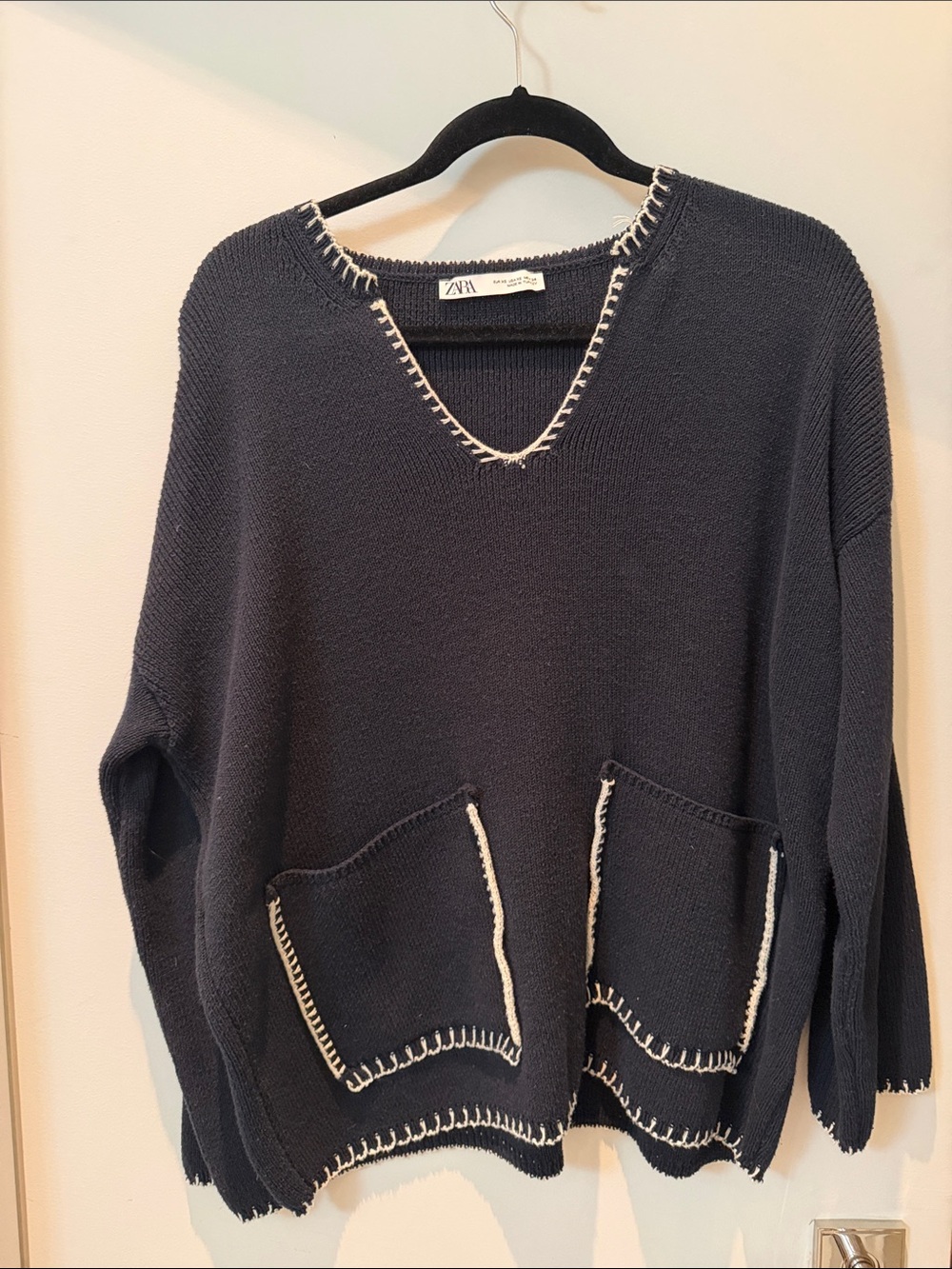 ZARA Black V-Neck Sweater with Cream Contrast Trim
